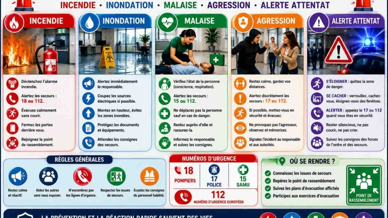 Les types d'urgences incendie, inondation, malaise, agression, alerte attentat